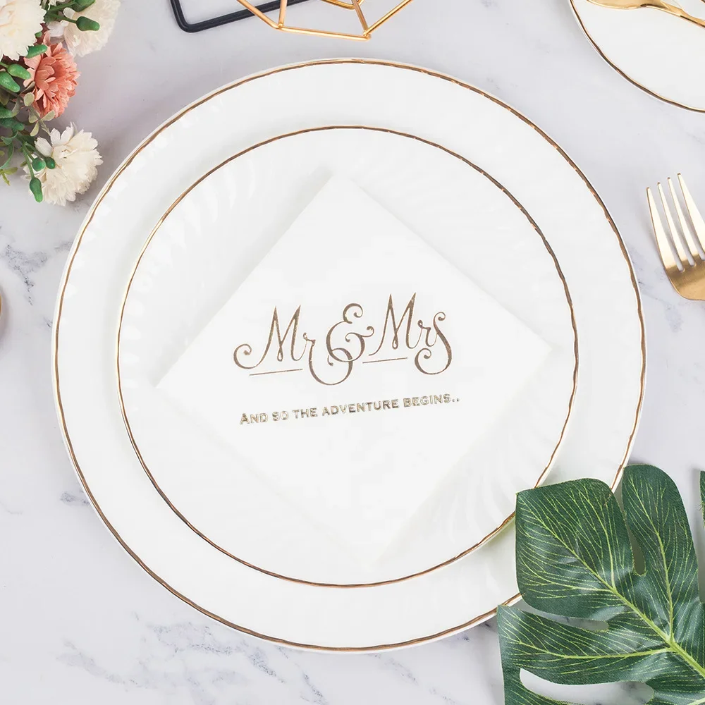 20/100PCS Mr&Mrs Wedding Paper Napkins Disposable 3PLY 10inch Bronzing Cocktail Beverage Dessert Napkins for Wedding Anniversary