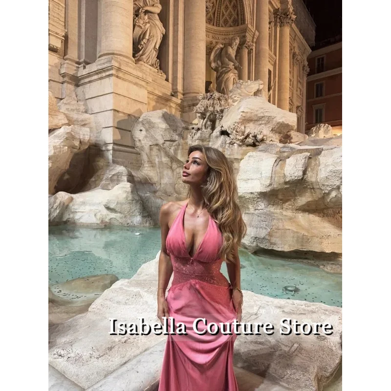 Różowa Satynowa Sukienka Wieczorowa typu Halter Syrenka Seksowna Bez Pleców Sukienka na Formalne Okazje Damska Nowoczesna Sukienka na Bal Studniówkowy z Możliwością Personalizacji