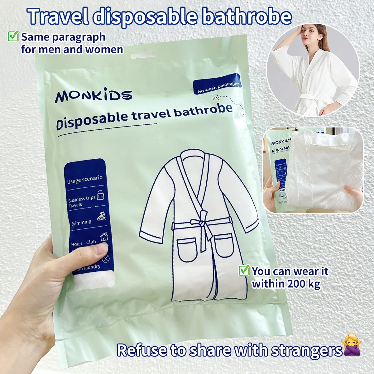 The simple design of 1PC disposable bathrobe is suitable for hotels and families-single use bathing, light and comfortable.