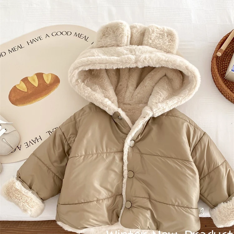 Baby plush coat  winter 2024 cute hooded cotton jacket  Korean thick cotton jacket