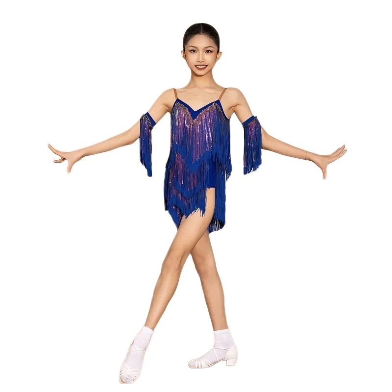 Girls Sequined Tassel Latin Dance Dress Off Shoulder Sleeveless Ballroom Dancing Costume for Kids Stage Performance Competition