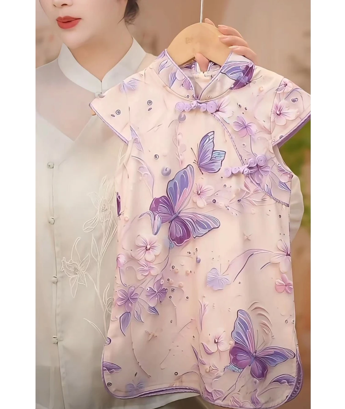 

PippiKids Children's retro cheongsam new 3D printing purple butterfly new Chinese summer improved dress national style temperame