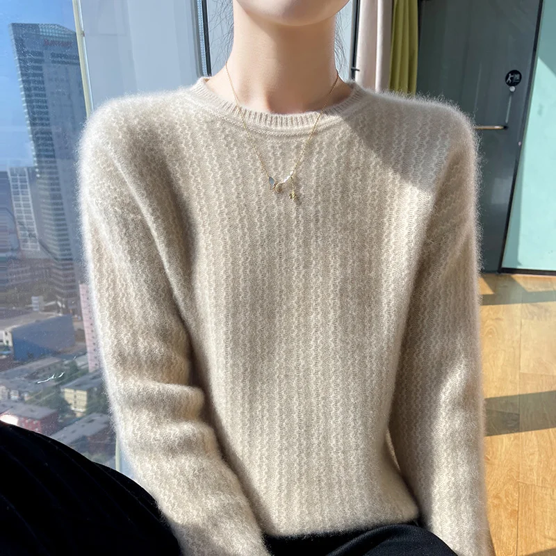 Sweater wol wanita rajut leher bulat, baju dasar mode pas badan, atasan longgar, barang baru musim gugur dan musim dingin, Pullover rajut leher bulat, pakaian wanita 100%