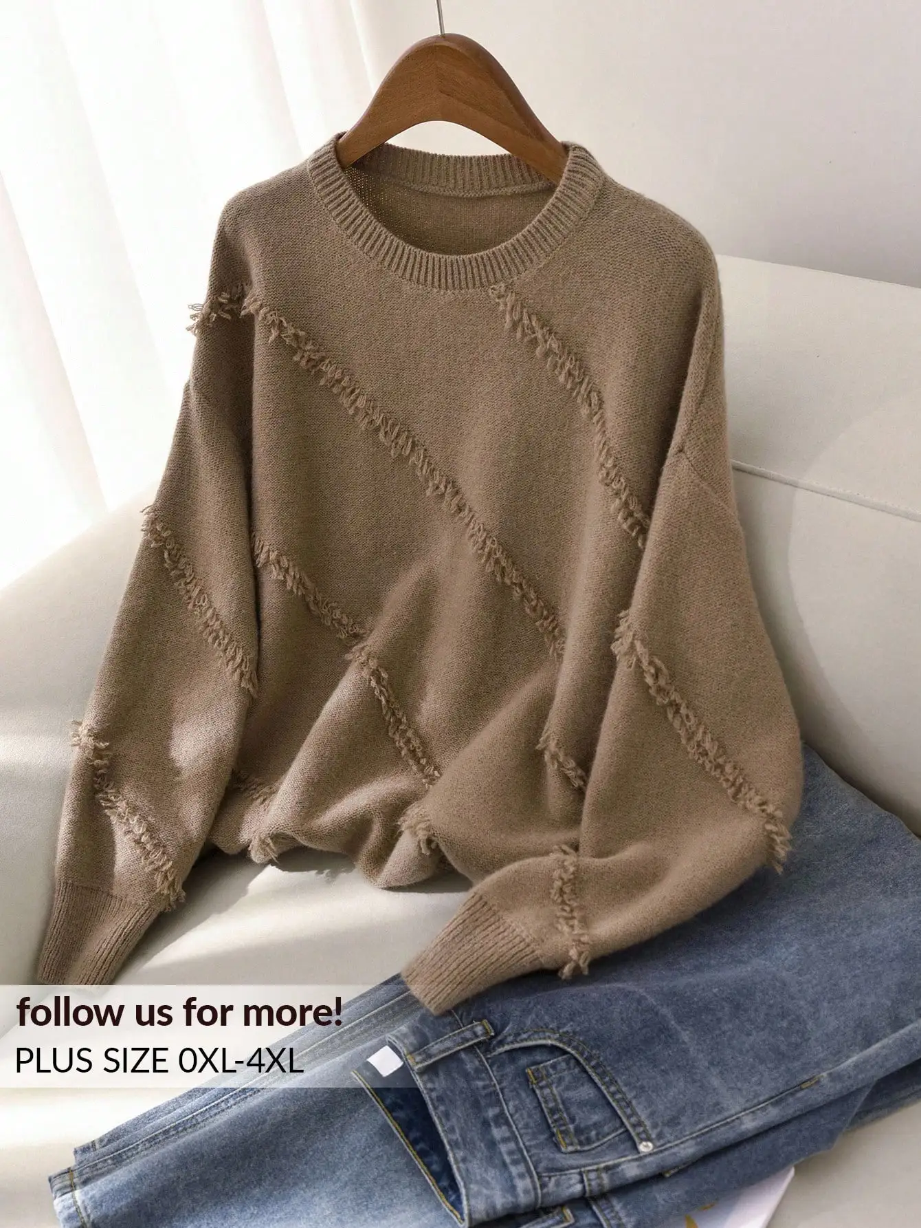 

Women's Plus Size Loose Knit Sweater with Diagonal Frayed Detail, Round Neck