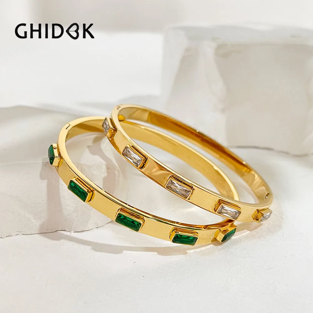 GHIDBK Stainless Steel 18K Gold Plated Bezel Baguette CZ Zircon Bangle Bracelets Couple for Women Tarnish Free Jewelry Accessori