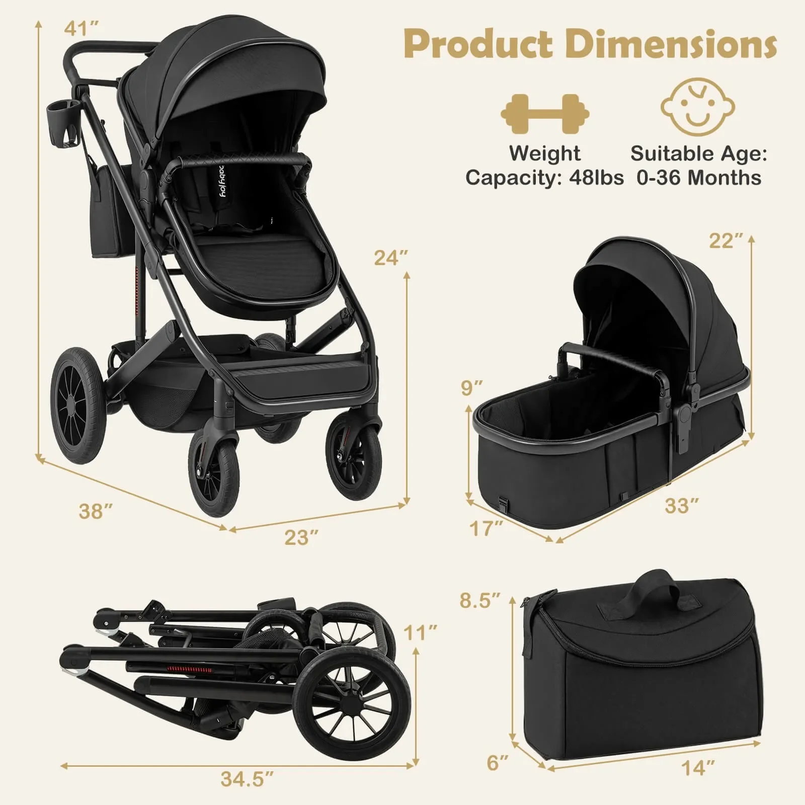 3-in-1 Newborn Stroller Folding Convertible High Landscape Toddler Stroller