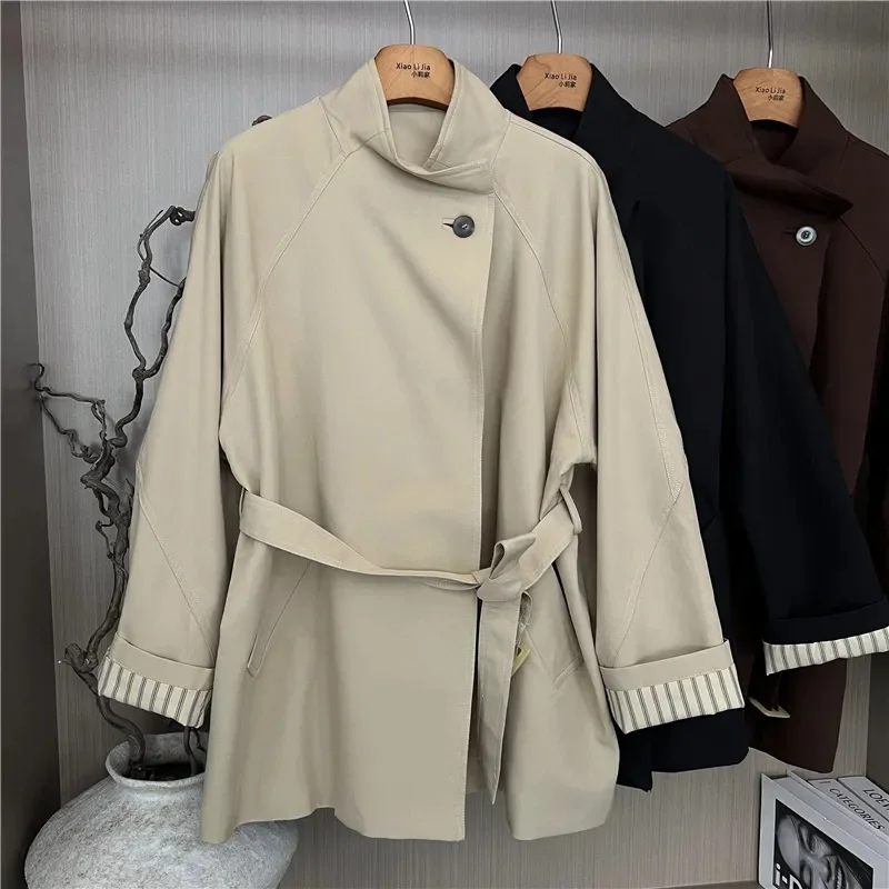 

Spring Autumn Frenulum Trench Coat Woman Fashion With Lining Casual Loose Long Sleeve Short Overcoat Windbreaker Women Outerwear