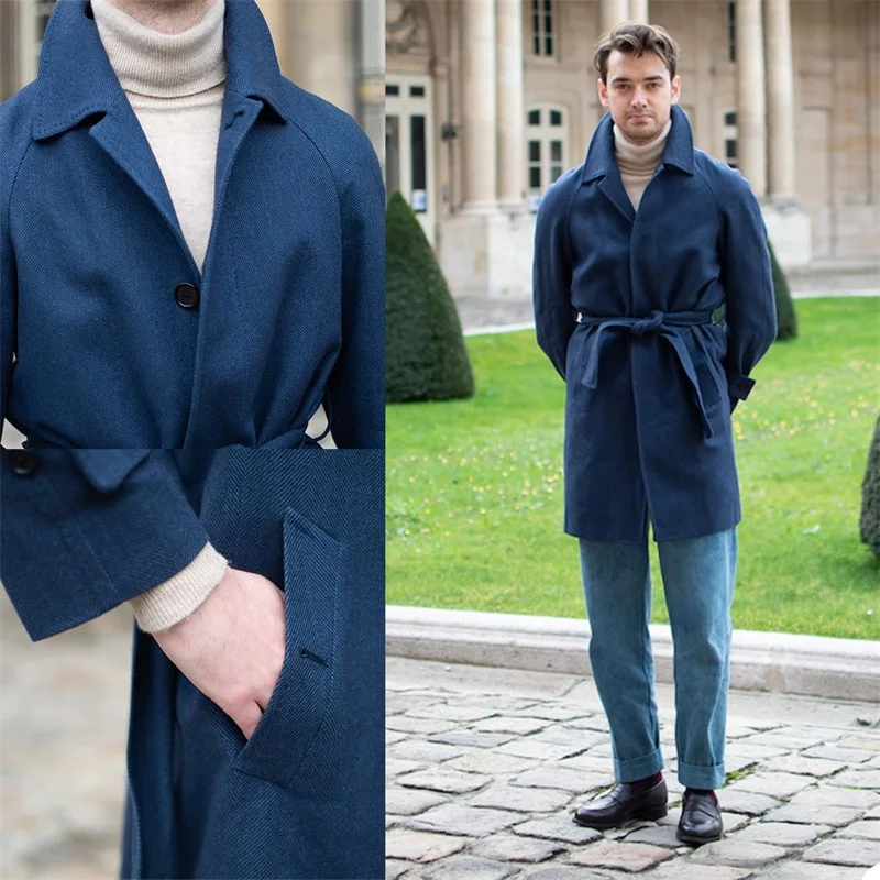 Blue Herringbone Woolen ชุดยาว Overcoat กับเข็มขัดทำจากเดียว Breasted หนาฤดูหนาวชายชุดลำลอง