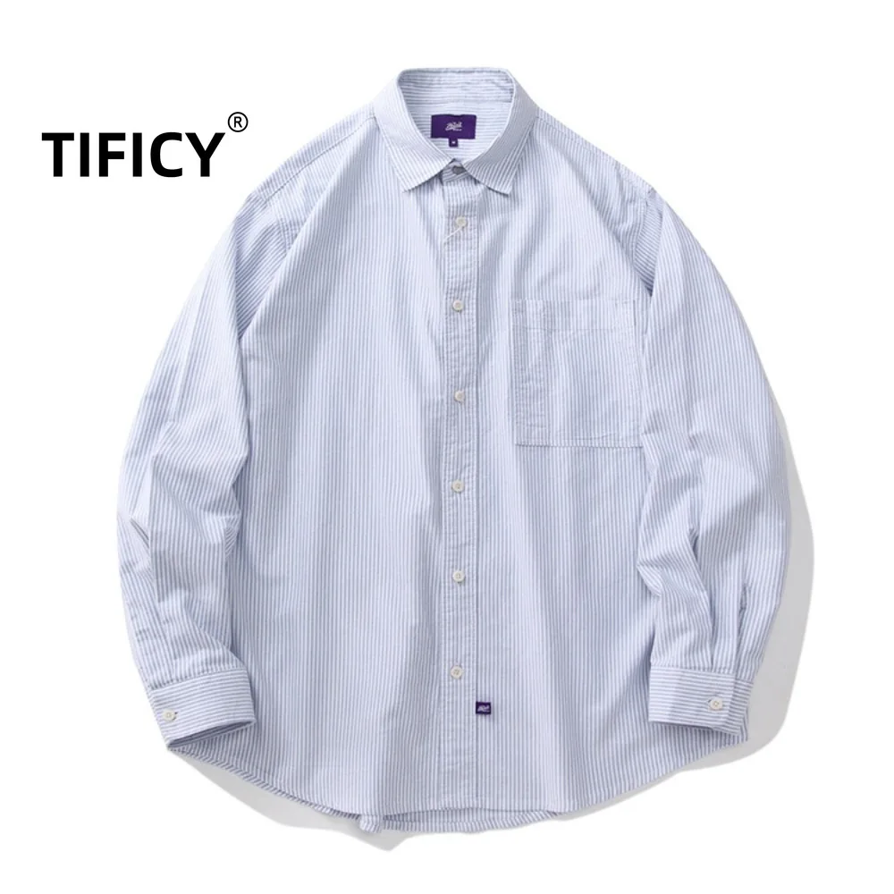 

Японские рубашки с длинными рукавами из чистого хлопка, топы, мужские оксфорды, свободные однотонные повседневные свободные рубашки с длинными рукавами в вертикальную полоску