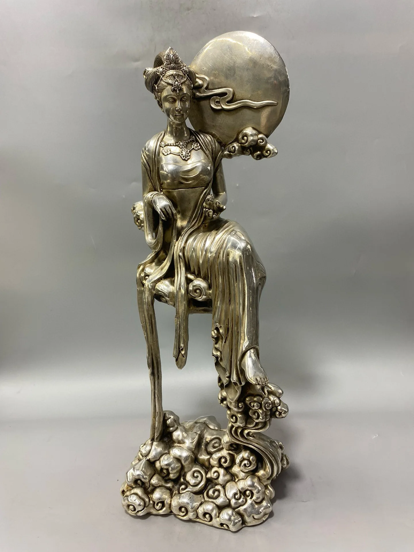 Old Bronze Gilded Silver The Goddess  Chang'e fly to the moon moon Sitting statue Worship Hall Town house
