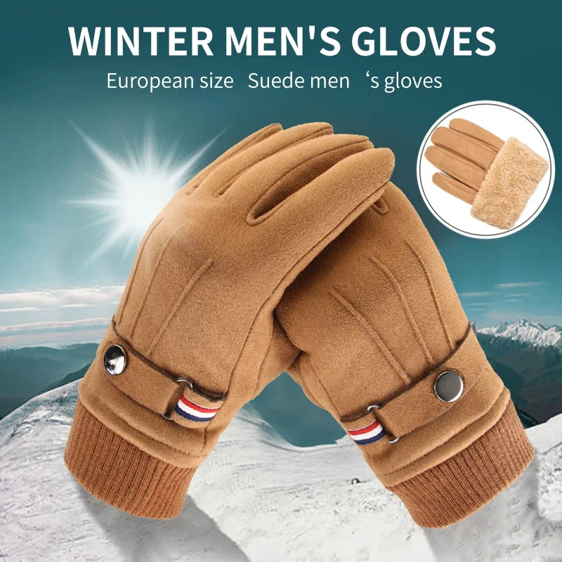 New Men\'s Winter Windproof Gloves Suede Warm Split Finger Gloves Outdoor Sport Driving Buckle Design Male Touch Screen Mittens