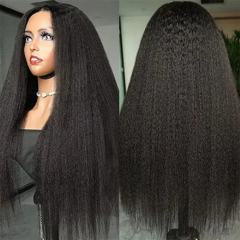 Black Yaki Kinky Straight Soft 26''Long180Density Glueless Heat Resistant Lace Front Wig For Women Babyhair Preplucked Daily Wig