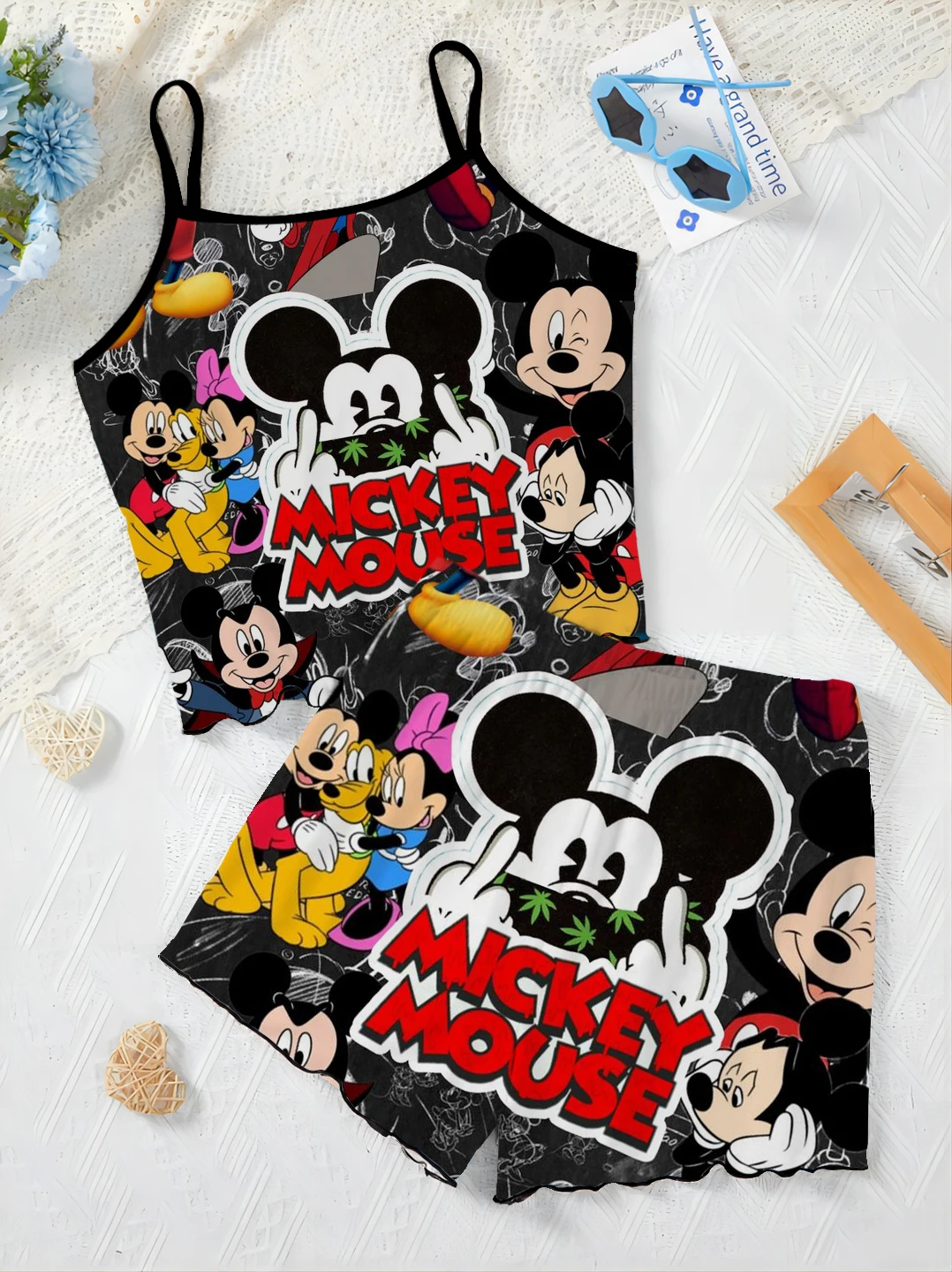 Ensembles courts trempés pour femmes, robe à enfiler, haut Minnie Mouse, jupe pyjama, garniture en laitue, t-shirt Disney, pièces élégantes