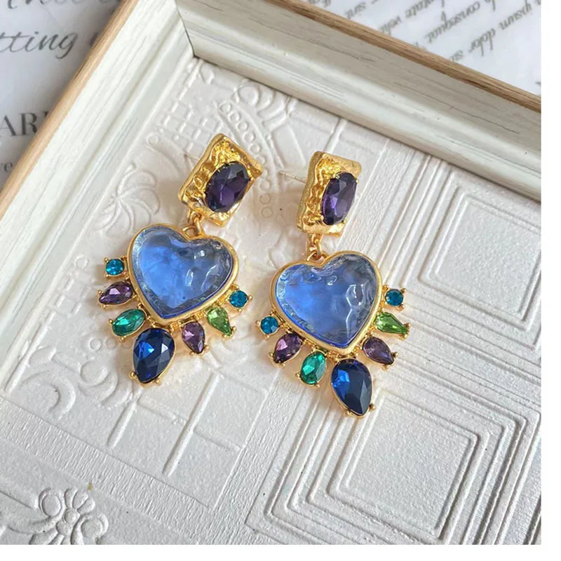 Original Vintage Style Luxury Heart Shape Topaz Gems Stud Earring Purple Blue CZ Crystal Heart Ear Studs Female Earrings Jewelry