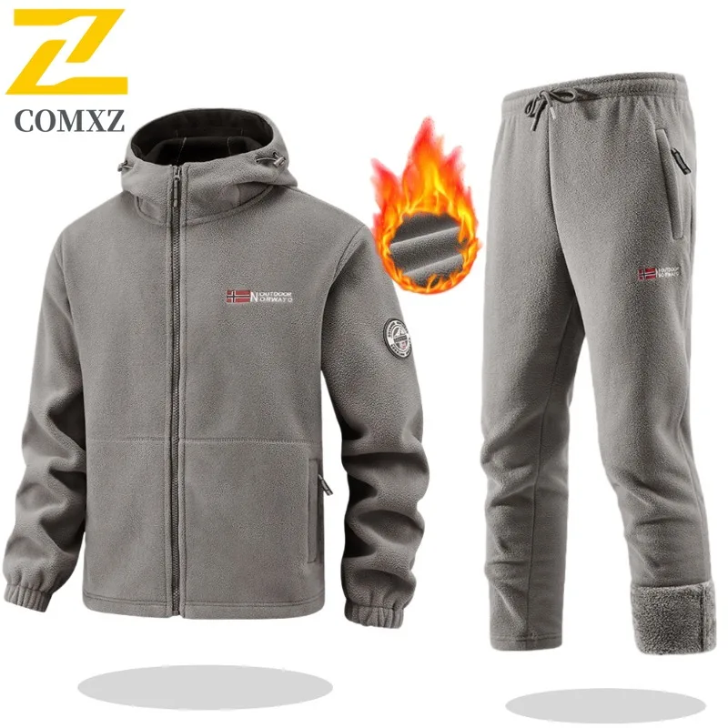 ملابس رياضية رجالية مريحة للتزلج في الهواء الطلق سترة صوف دافئة + بنطلون مكون من قطعتين طقم ملابس خارجية شتوية خفيفة الوزن للتدريب على الركض