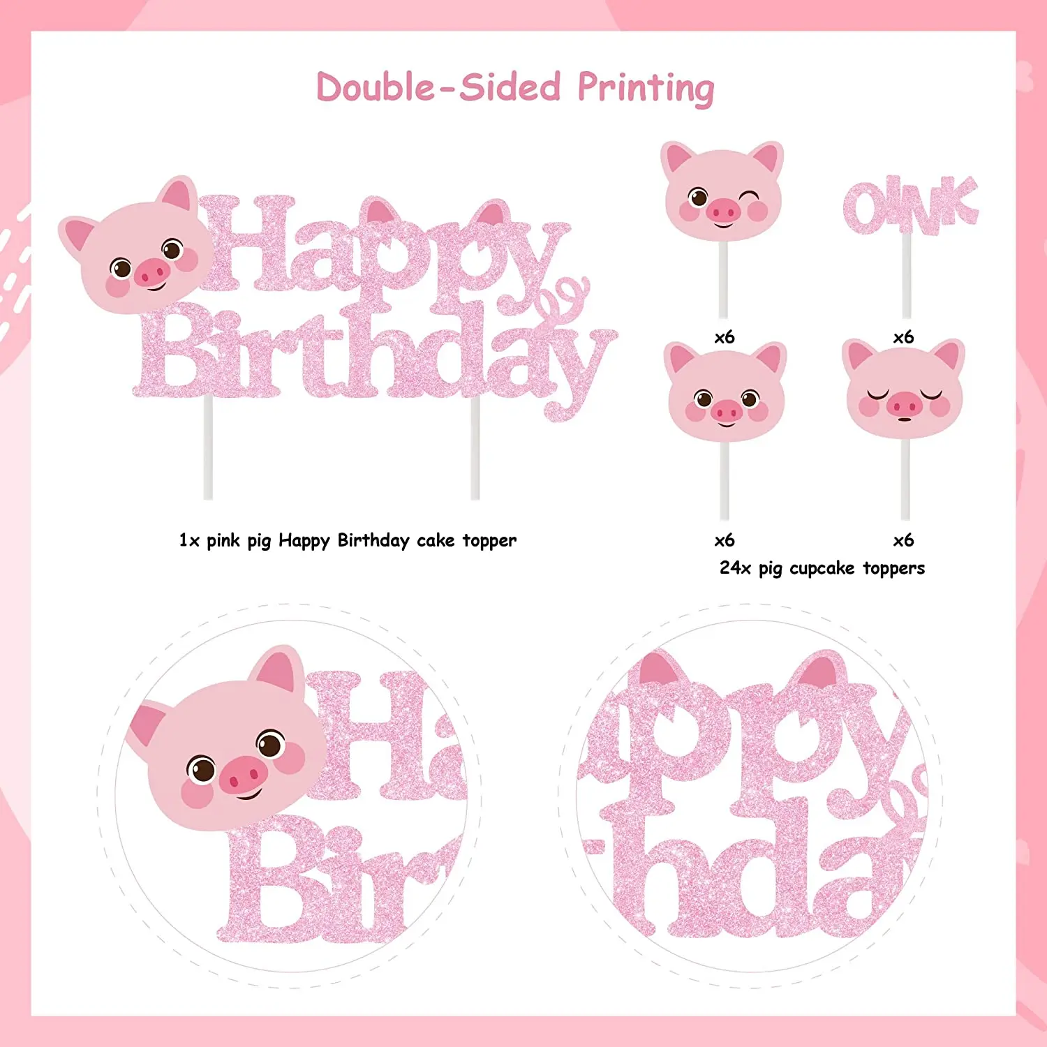 25Pcs Pig Theme Birthday Cake Toppers, Pink Pig Decorations, Girl Happy Birthday Cake, Piggy Birthday Party Supplies