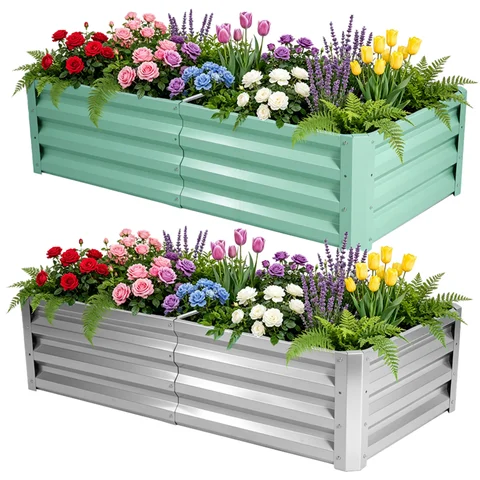 4×2×1ft Galvanized Metal Raised Garden Bed, 2FT Deep Root Elevated Planter Box Steel Large Vegetable Flower Bed Kit Light green Silver