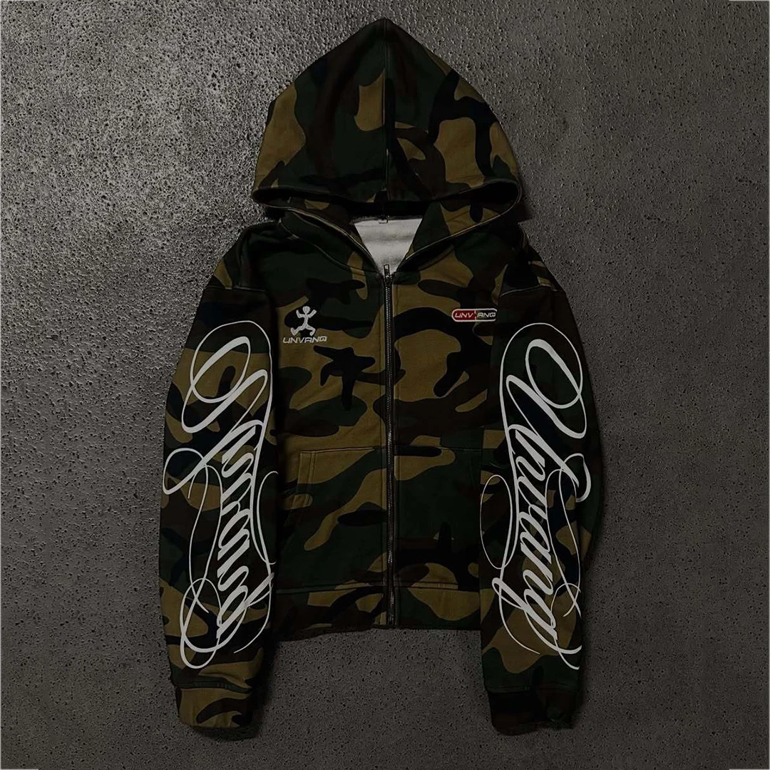 New Spring and Autumn Street Zipper Classic Camouflage Hoodie Sweatshirt Letter Printed Retro Hip Hop Casual