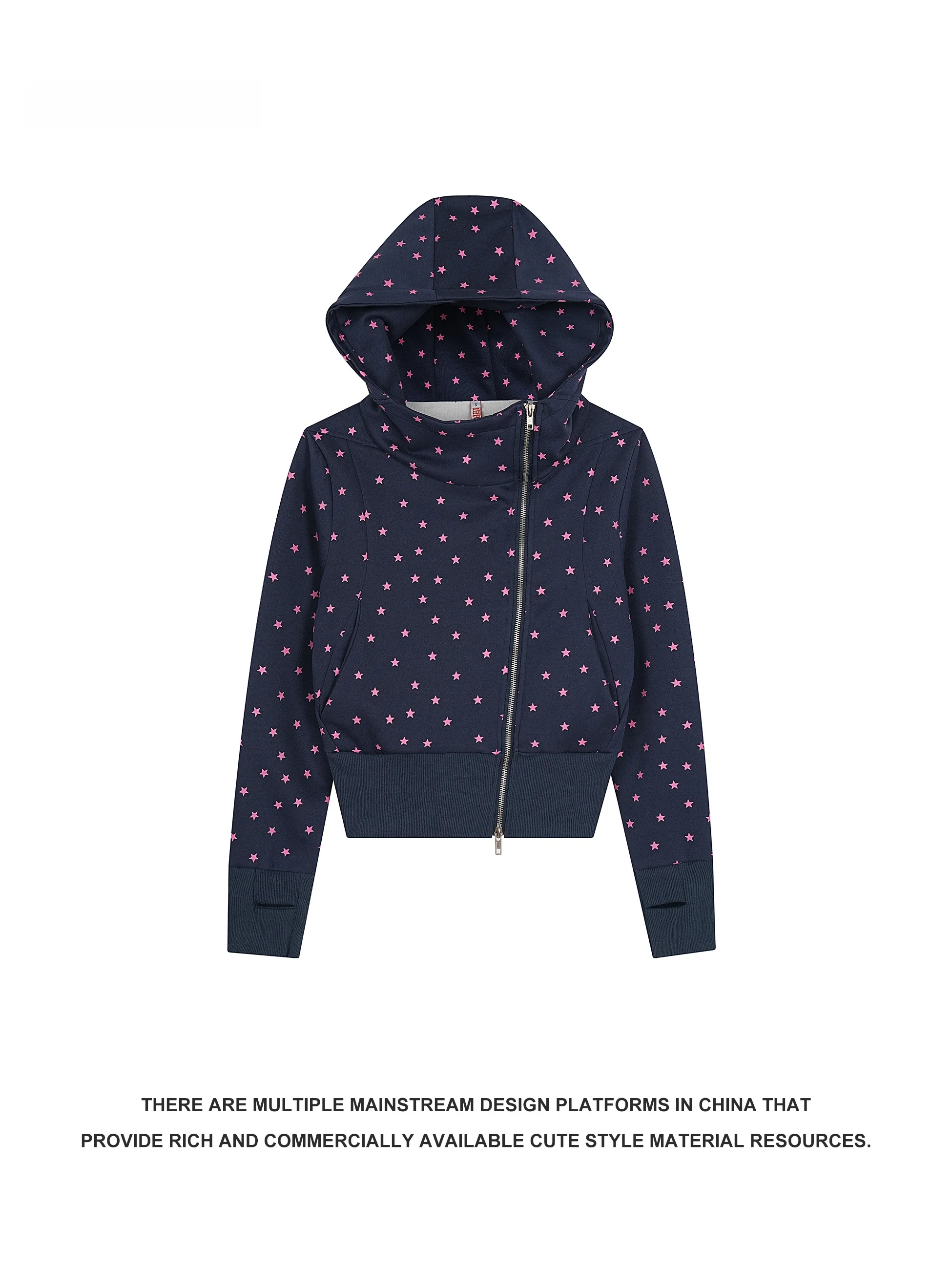 

Trendy Street Sle Sweatirt with Star Print And Diagonal Zipper Loose Long Sve Women's Jaet Spring Design Casual Oute...
