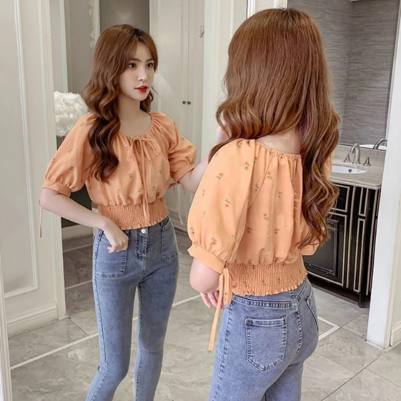 

Women 2026 New Summer Cropped Blouse French Ruffle Sleeve Belted Waist Floral Design Ladies Shirt Top