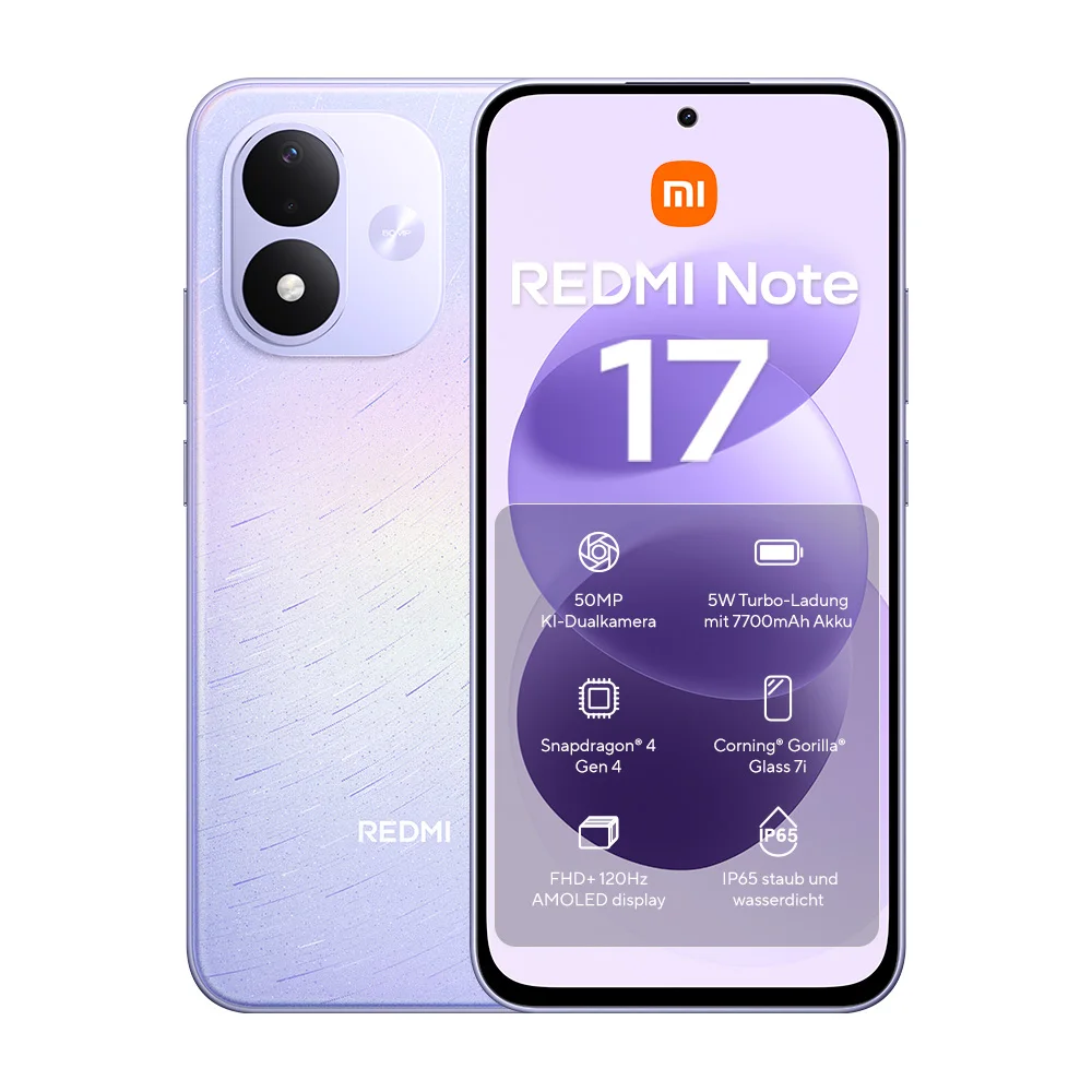 REDMI Note 17 Global-Version, Dual-SIM-Smartphone, 6,99-Zoll FHD+ AMOLED-Display mit 120 Hz, Corning Gorilla Glass 7i, Snapdragon 4 Gen 4, 7700 mAh Akku, 50 MP Hauptkamera, IP65-Schutz, Xiaomi HyperOS