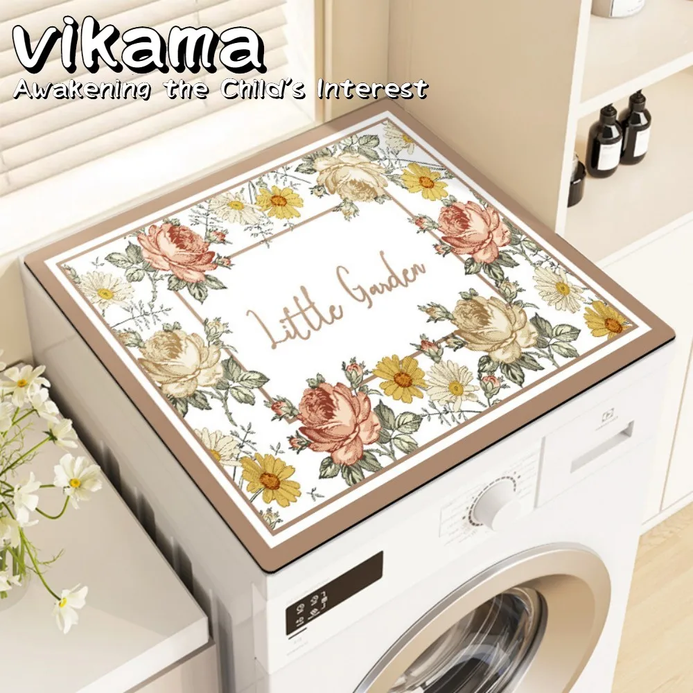 VIKAMA American Floral Pattern Silicone Anti-Algae Washing Machine Cover Mat, Absorbent Non-Slip Refrigerator Top Pad door
