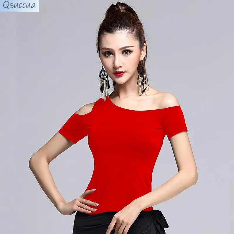 New Latin Dance Tops Slim-Fit Off-The-Shoulder Fitness Clothes Women's Short-Sleeved Four Seasons Adult