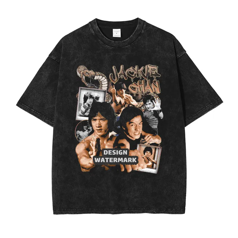 Jackie Chan T Shirt Movie Star Vintage Washed Tops Tees Harajuku Retro DTG Printing Short Sleeve Oversized Tshirt 100% Cotton
