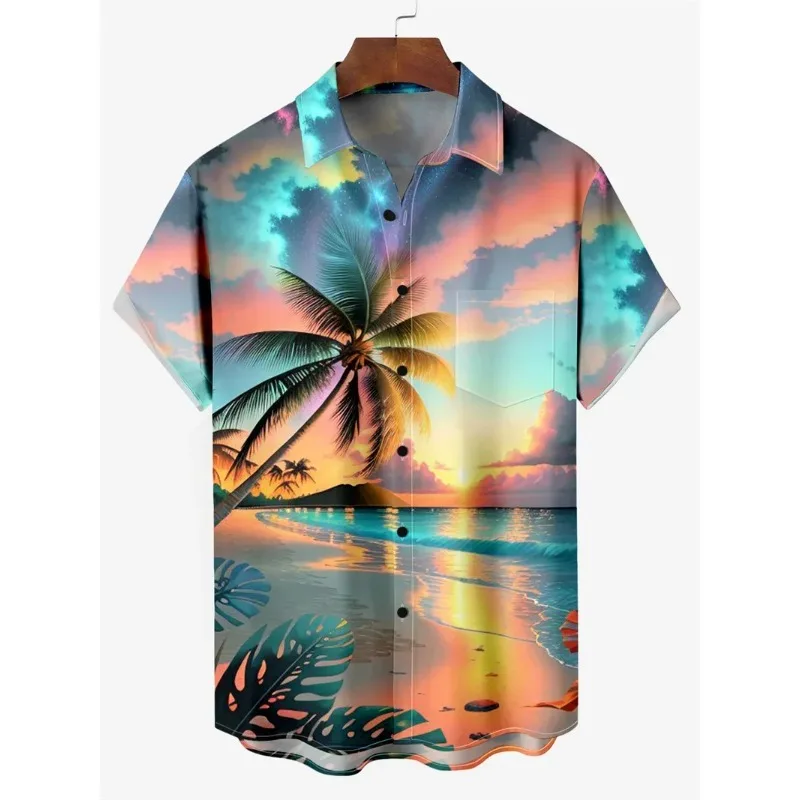 

3D Print Turndown Collar Shirt casual Short Sleeve Shirt Summer loose Shirts For 2026 Fashion Hawaiian Coconut Trees