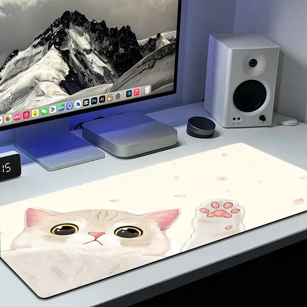 Adorable Pink Cat Mouse Pad - XXL Cute Kitty Gaming Desk Mat for Girls, Non-Slip Soft Surface Computer Pad for Office & Home