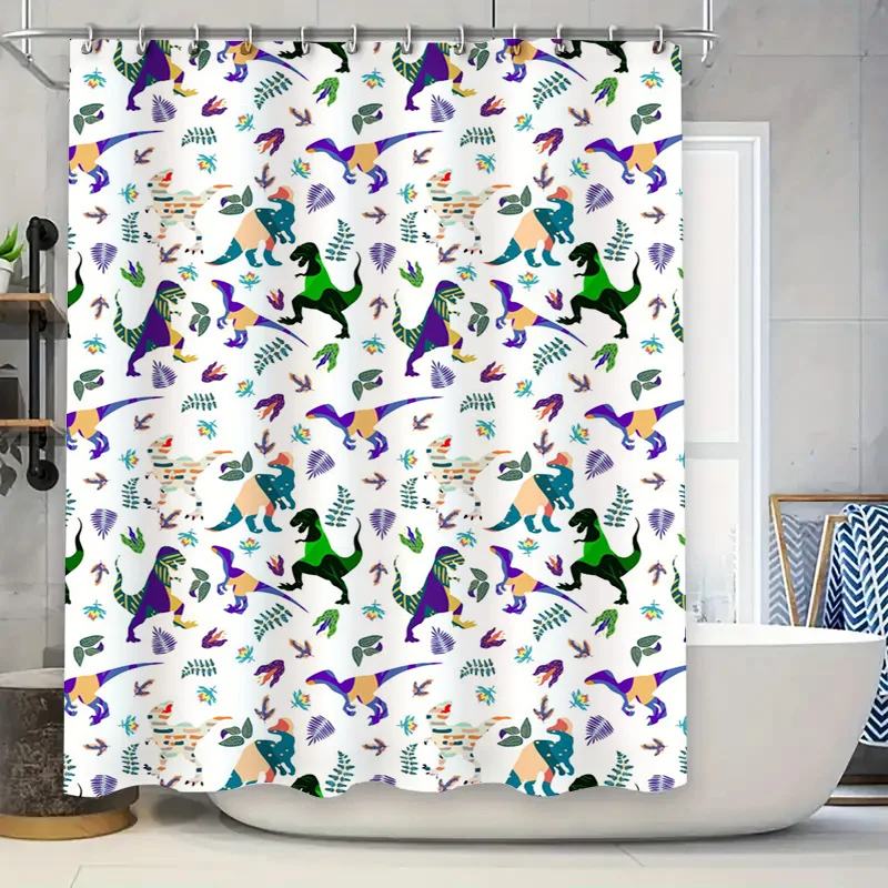 Vibrant Dinosaur Shower Curtain Multicolored T-Rex Pattern Bath Decoration for Kids Bathroom Waterproof Fabric Easy Hang Racks i