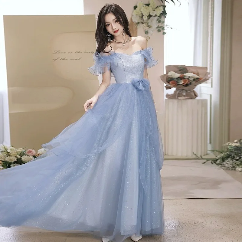 

Blue Off the Shoulder Wedding Dresses Floor-Length Lace Up Pleat A-Line Women Party Formal Gowns Customized Evening Dresses