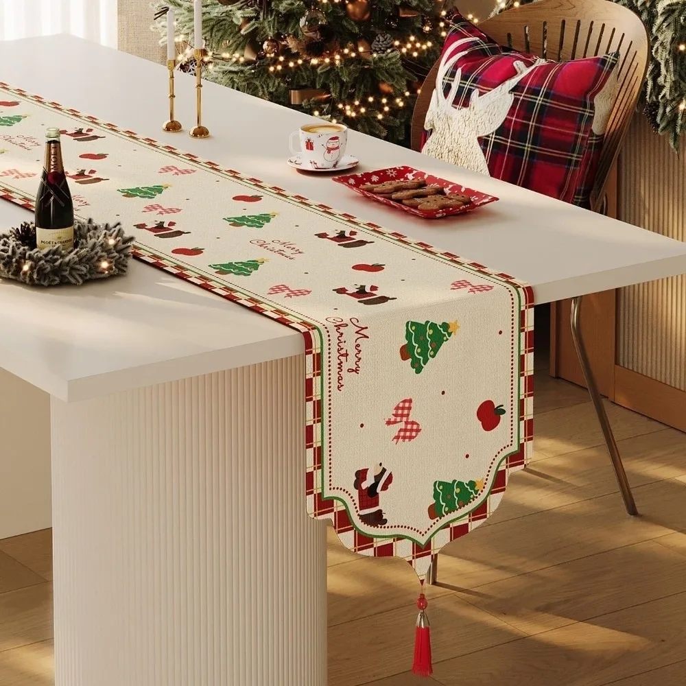 Desk Decor Christmas Table Runner Santa Claus Tree Christmas Table Flag Stripe Grid with Tassel Xmas Tablecloth New Year