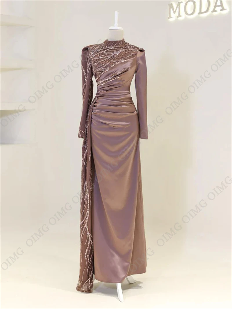 OIMG Modest Dubai Satin Prom Gowns Sequined Long Sleeves Evening Dresses Saudi Arabic Women Party Dresses Custom Occasion Dress