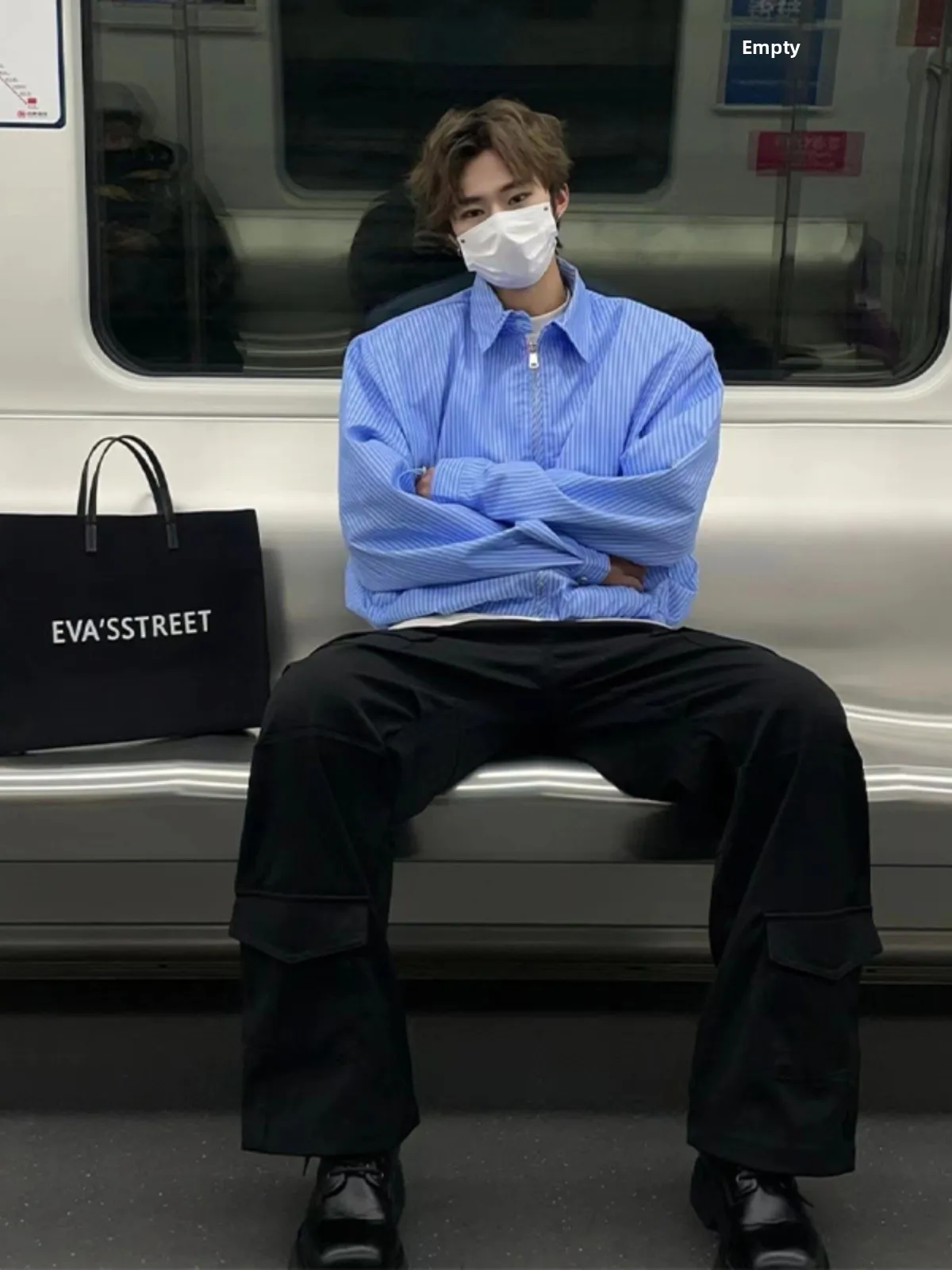 

Blue Striped Short Pad Shoulder Men's Long Sleeve Summer Thin Design Oversize Shirt Trendy Youth Loose Fit Summer Fashion