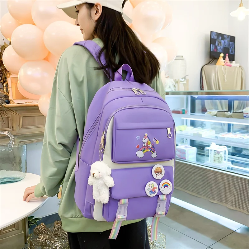 Ensemble de 4 sacs à dos d\'école imprimé licorne pour femmes, accessoires de badges, pour étudiants, sac de voyage multi-poches, 2022