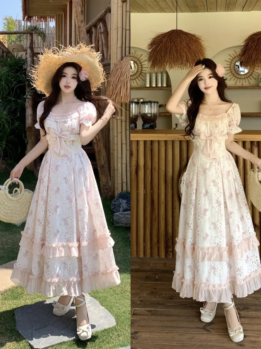 

Summer Vacation Style Hollow out Embroidered Square Collar Short Sleeve Dress Women's plus Size Slimming A-Line Skirt Dress