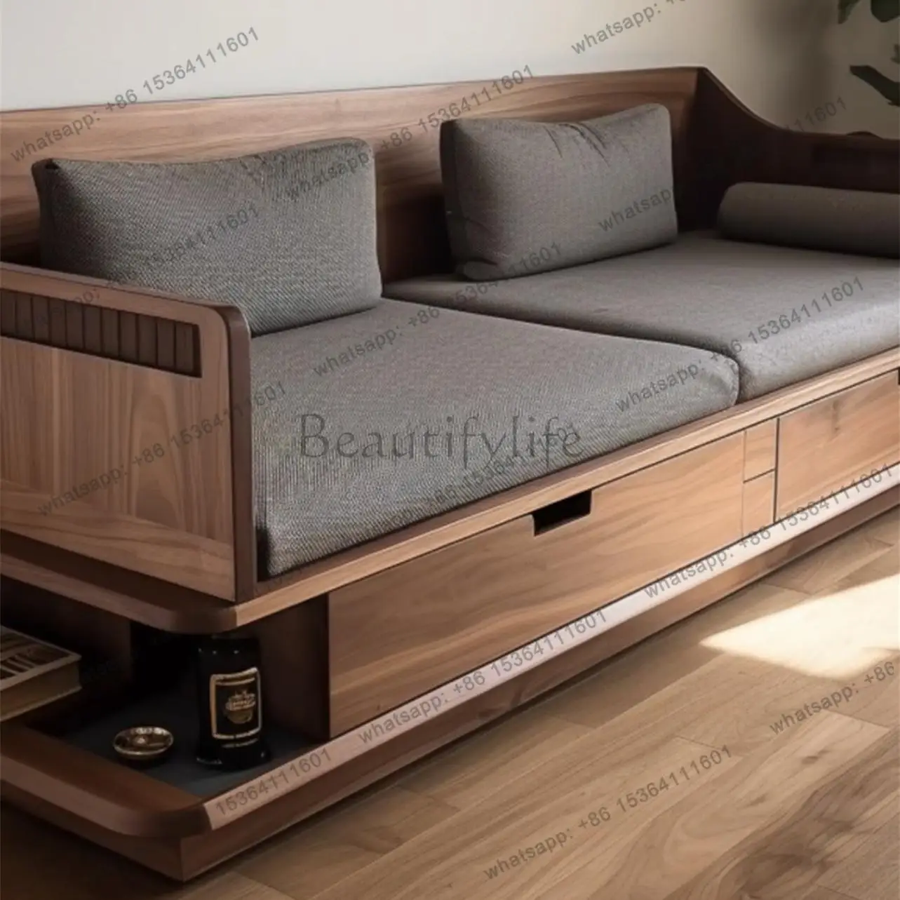 Chinese black walnut sofa antique living room winter and summer dual-purpose storage straight sofa Nordic solid wood furniture