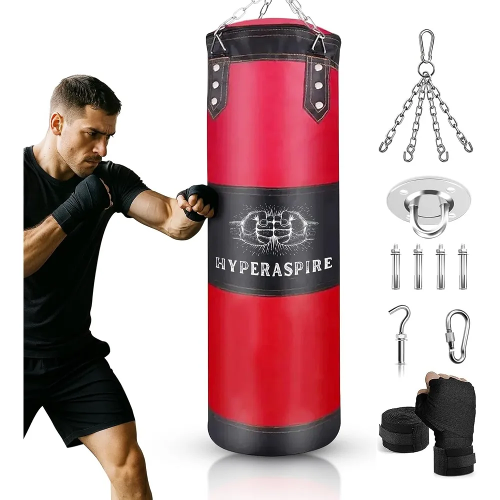 

Adult 4FT Heavy Punching Bag Set with Hand Wraps and Chain 120cm PU Leather Unfilled for MMA Karate Kickboxing Home Training
