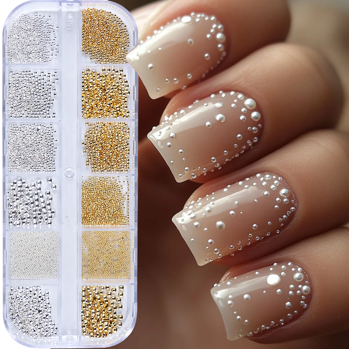 12 Gitter, goldene und silbrige Nagel-Kaviarperle, 3D-Metall-Nagel-Charms, Edelsteine, Nageldekoration, gemischte Größen, runde Stahlkugel-Maniküre-Perlen