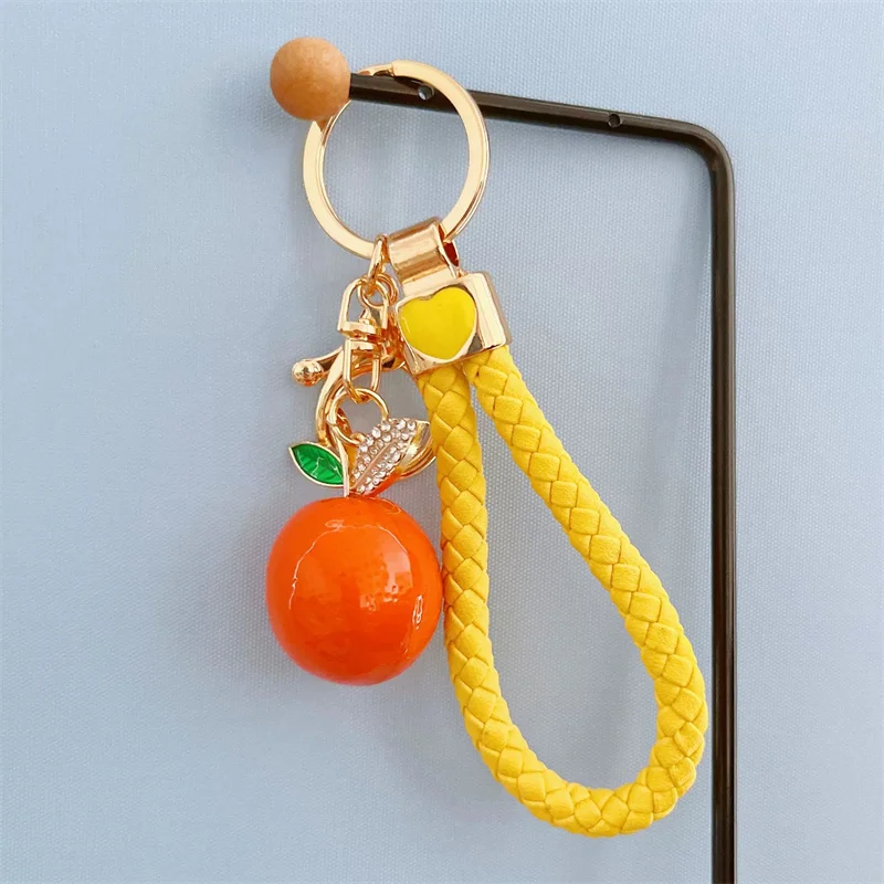 Creative Fruit Series Imitation Orange Keychains Men Car Key Rhinestone Pendant Small Gift for Women Cute Bag Pendant Jewellery
