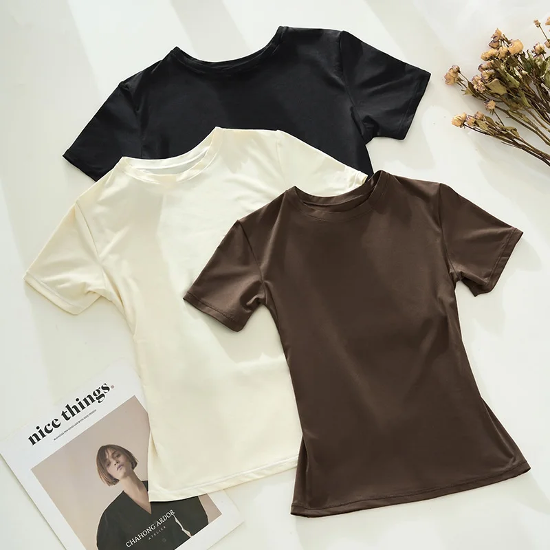 2026 Women Seamless Cool Touch Short Sleeve T-shirt Slim Comfort Round Neck Basic Top For Autumn Winter Layering