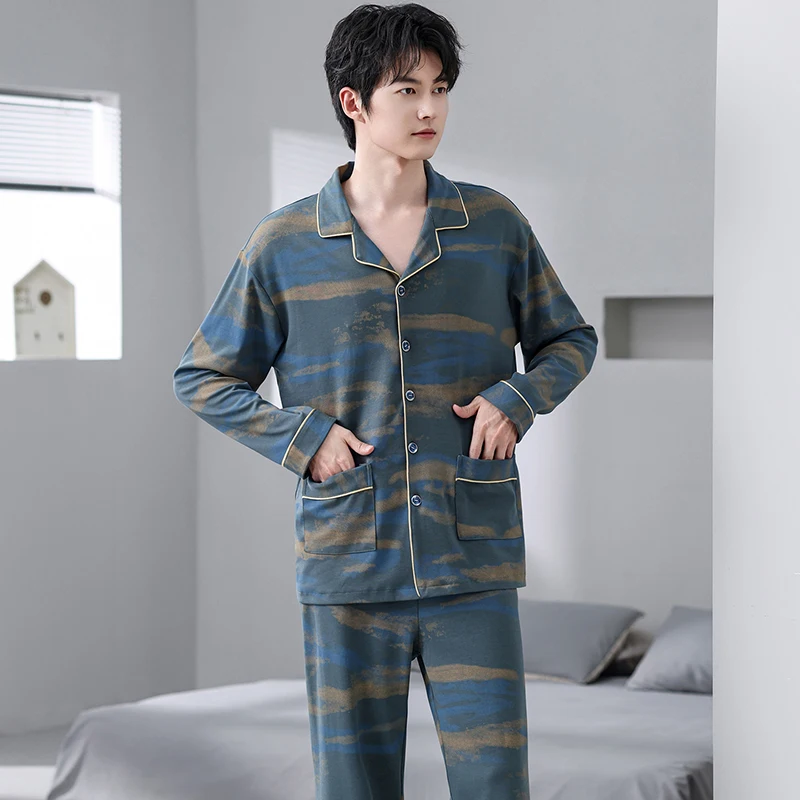 Full Cotton Pijamas for Men 2 Pieces/Set Lounge Sleepwear Pyjamas Autumn Bedgown Home Clothes Man Fashion Print Pajamas SetM-4XL