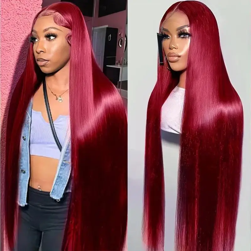 

Накладные парики из натуральных волос 200 Density 99J Burgundy 13X6 HD Lace Frontal, прямые, с фронтальной шнуровкой, 30 дюймов, предварительно выщипанные, для женщин
