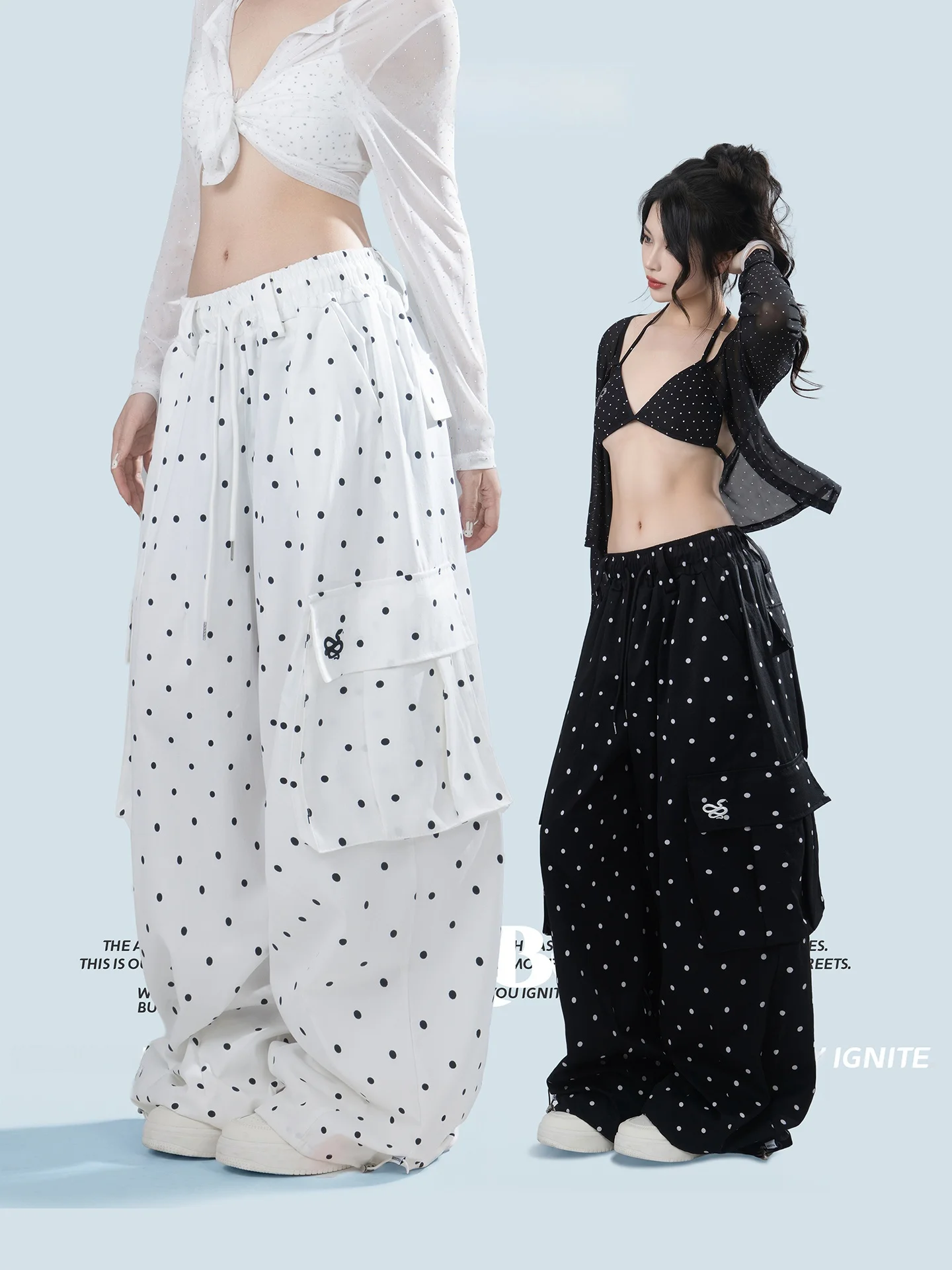 ROKBBK-K Polka Dot Wide Leg Casual Pants Women's Elastic Waist Loose Floor-Length Pants Workwear Style Multi-Pocket