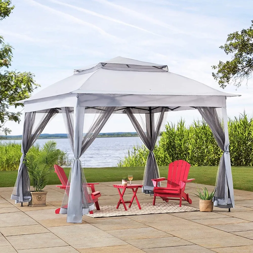 11x11 Ft. Pop-Up Instant Gazebo, Outdoor Portable Steel Frame 2-Tier Top Canopy/Tent with Netting and Carry Bag