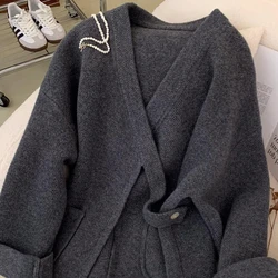 2024 autumn winter Spliced knit Cardigan Luxury Trench coat V-Neck Casual jacket dark gray higer quality tops women windbreaker