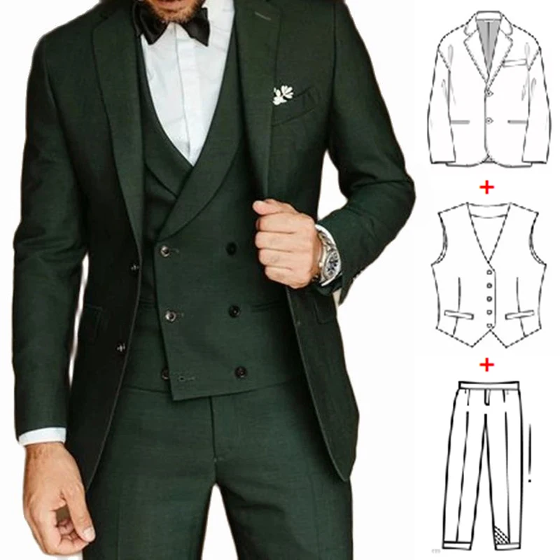 New Fashion Luxury Custom Green Men Suit Slim Fit Best Man Wedding Dress Groom Tuxedo Dinner Beach Party Sets Jacket+Vest+Pants