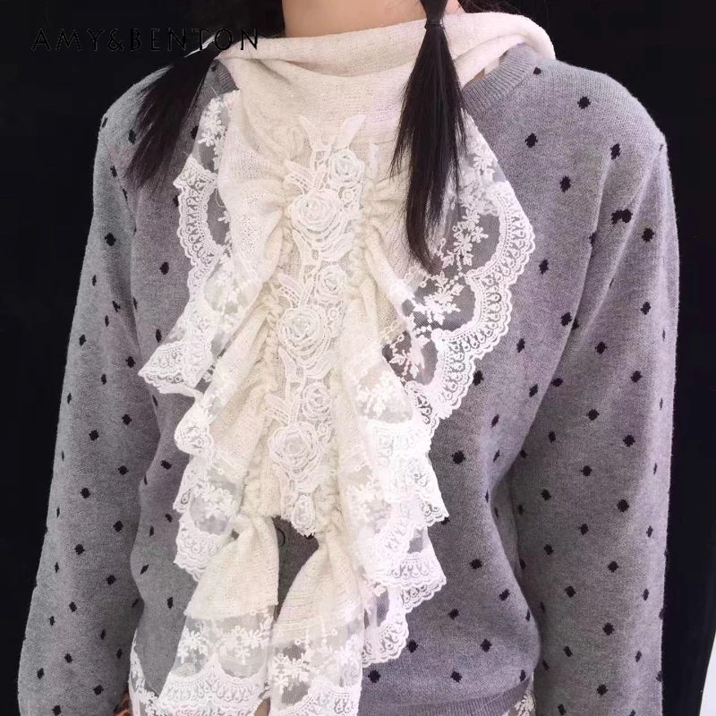 

American Retro Palace Design White Lace Hollow Out Splicing Women's Scarf Winter New Sweet Versatile Warm Long Neckerchief Girl