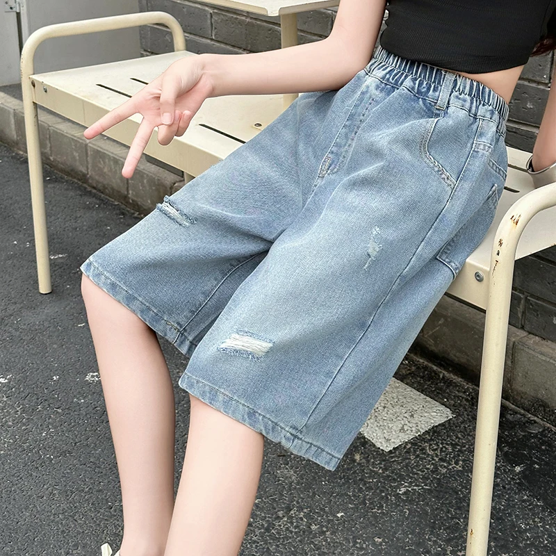 Summer New Children Knee-Length Denim Shorts with Hole for Teenage Girls Fashion Loose Fit Ripped Jeans Capris Kids Shorts 6-14Y